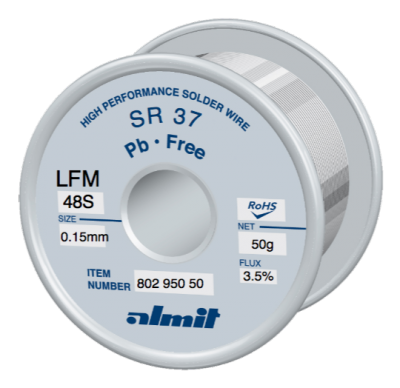 Leadfree solder wire, SR 37 LFM-48S, Sn-3,0Ag-0,5Cu, 217° - 221°C, Flux 3,5%, REM1(Anti Tip Wastage Type) 0,15mm  0,05kg Spule/ Reel